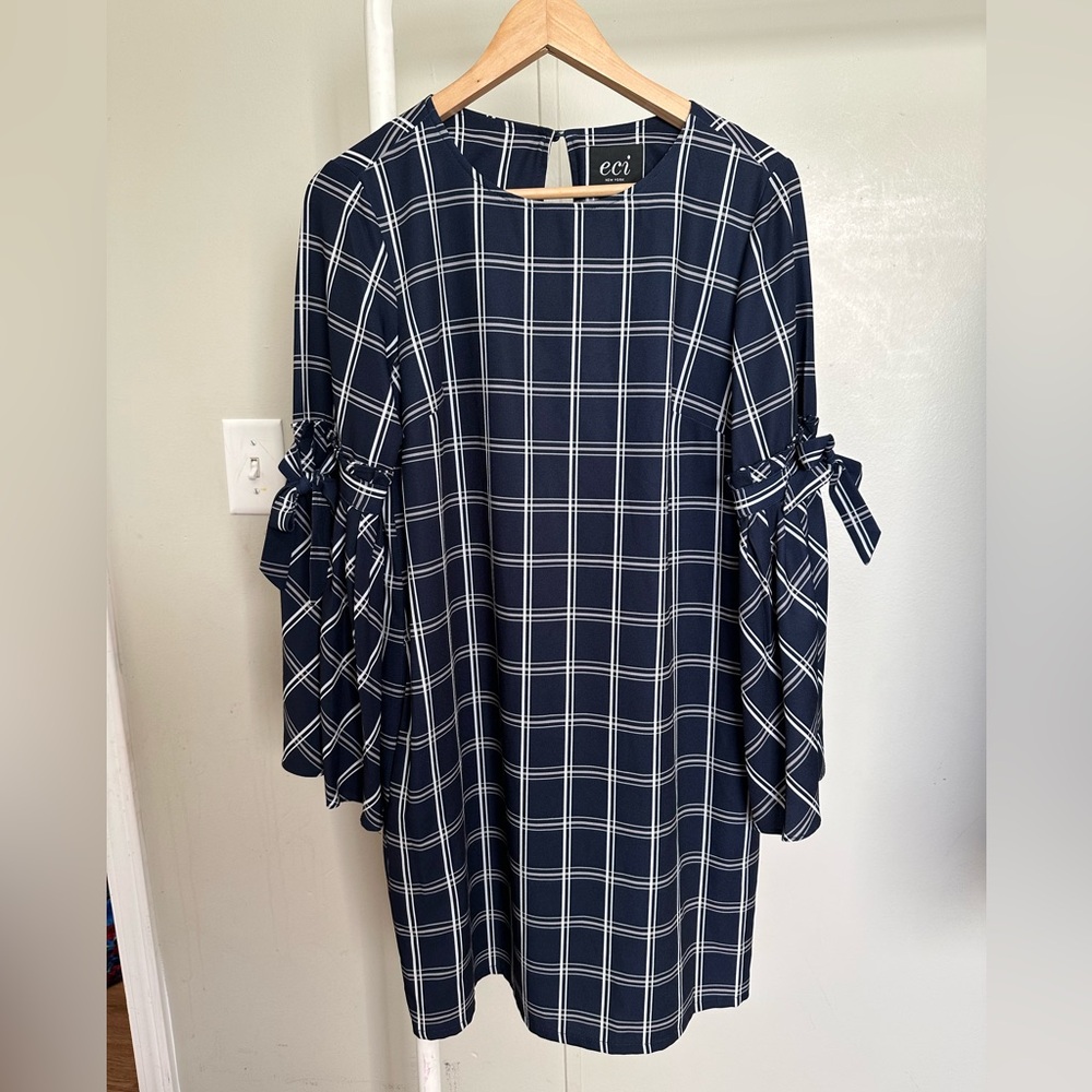 Navy Blue and White Plaid Longsleeve Midi Shift Dress size 4
